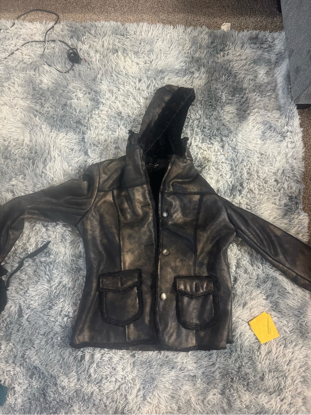 Women's Black Hooded Faux-Leather Jacket with Shearling Trim